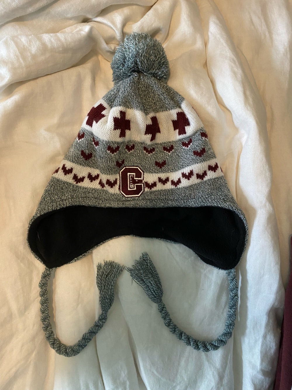 Grey and White Knit Earflap Beanie with Burgundy Accents